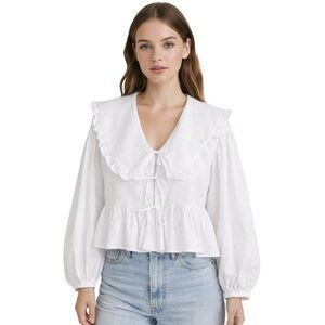 H&M Peter Pan Oversized Ruffled Oversized Collar Blouse Front Tie Closure Boho